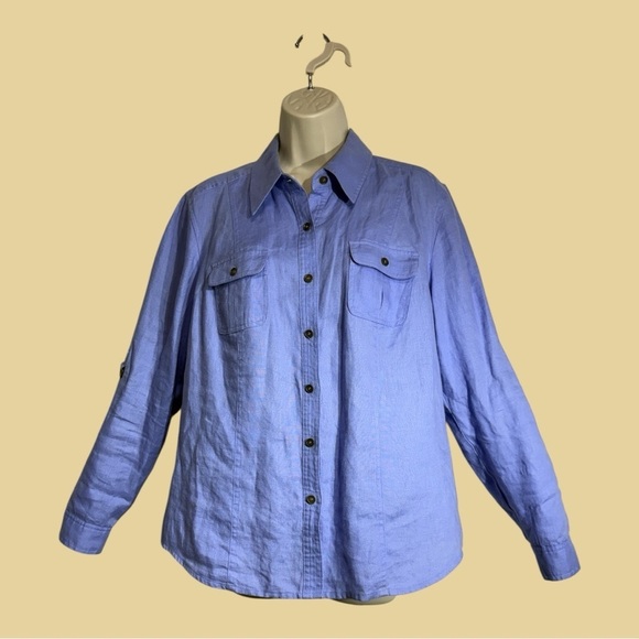 Style & Co. Tops - Style & Co 100% Linen Button Up Long Sleeve Shirt Sky Blue Size 12
